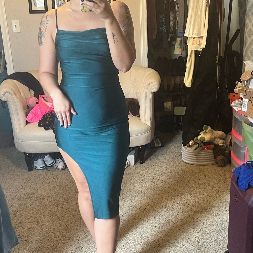 Hunter Green All Eyes On Me Side Slit Midi Dress